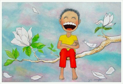 나무에 앉아 웃고있는 어린이 그림